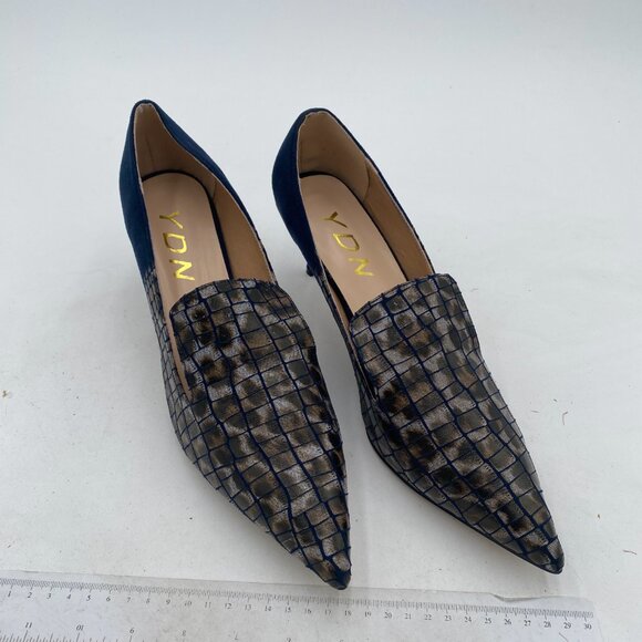 YDN Alligater Navy Mid Heels Slip on Loafer Pumps Pointy Toe Slide Suede Shoes - Picture 4 of 8